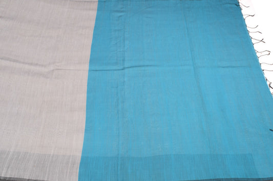Sushila Vintage Gray Saree Turquoise Blue Pallu Handloom Art Cotton Sari Fabric