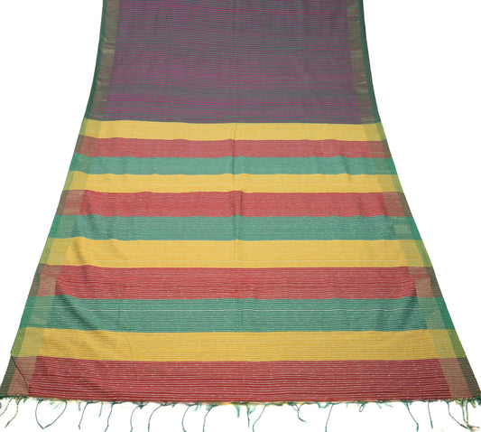 Sushila Vintage Multi-Color Handloom Saree Stripes Art Cotton Silk 6 Yard Sari