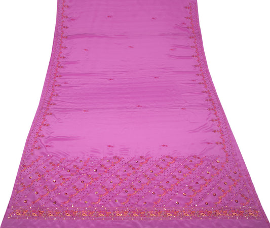 Sushila Vintage 6 Yard Pink Saree Hand Embroidered Art Crepe Sari Blouse Fabric