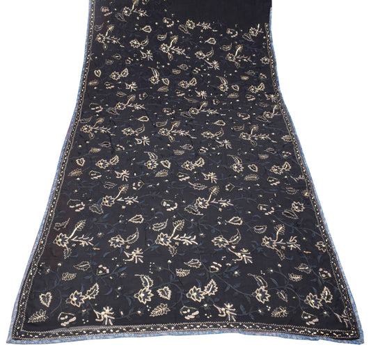 Sushila Vintage HEAVY Black Saree Pure Georgette Glass Beads Work Sari Fabric