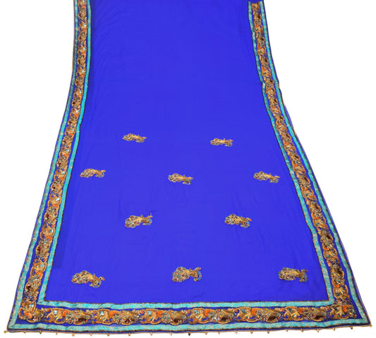 Sushila Vintage Handmade AppliqueWork Saree Art Georgette HEAVY Blue Sari Fabric