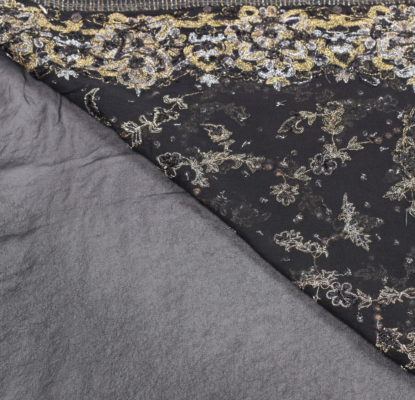 Sushila Vintage HEAVY Black Saree Pure Georgette Silver Gold Zari Work 5YD Sari