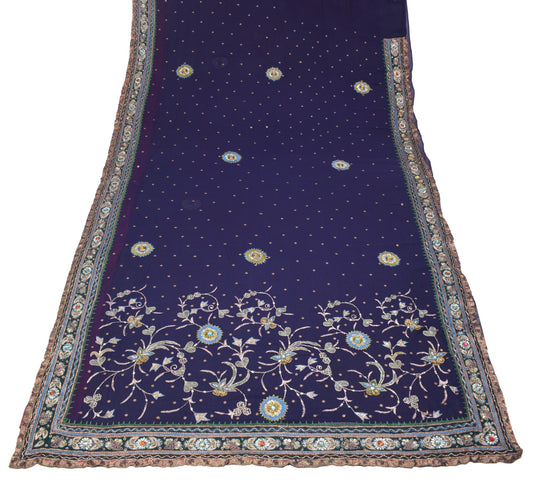 Sushila Vintage Zari Embroidered Saree Pure Georgette HEAVY Blue 5YD Sari Fabric