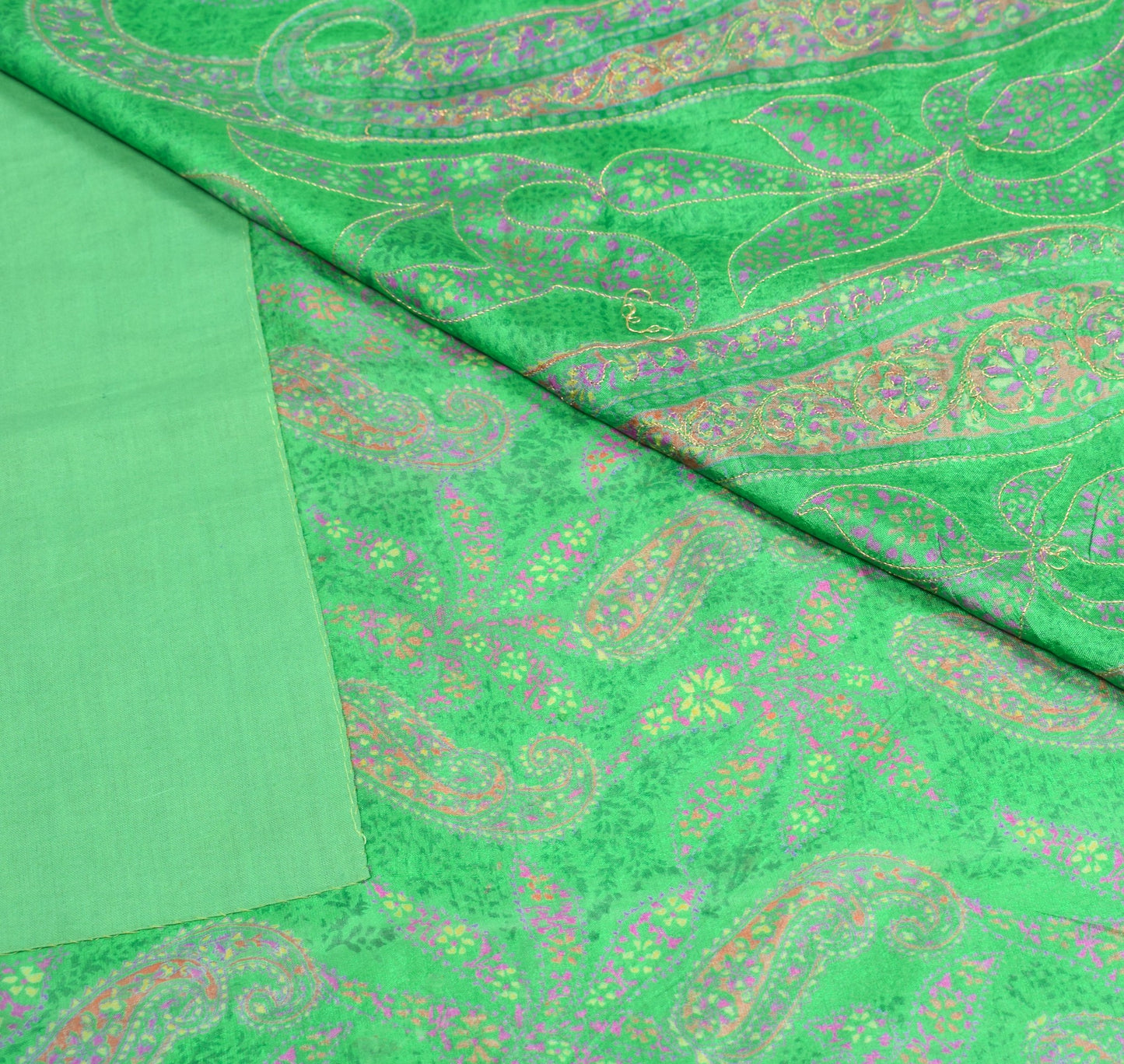 Sushila Vintage Green Pure Silk Saree Paisley Printed & Aari Work Sari Fabric