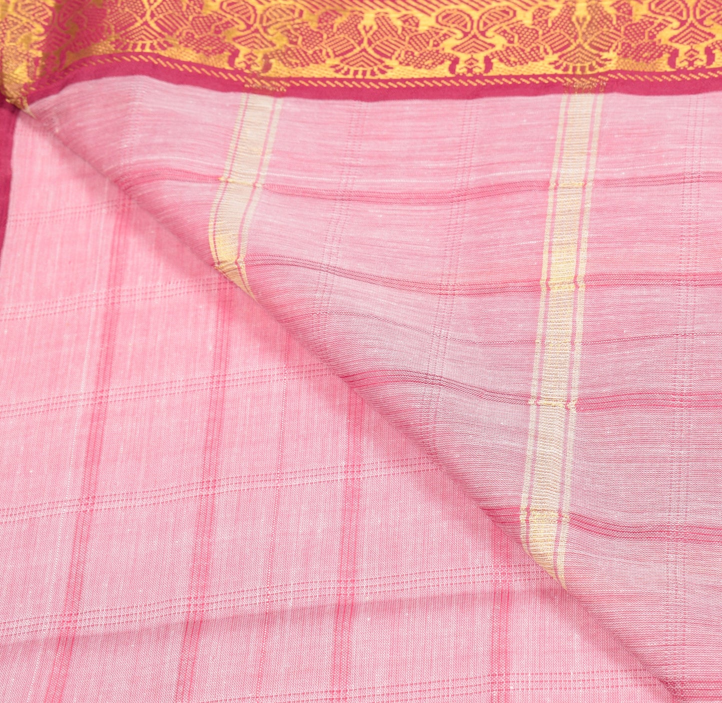 Sushila Vintage Pink Saree Art Cotton Silk Checks Body Elephant Border 6 YD Sari