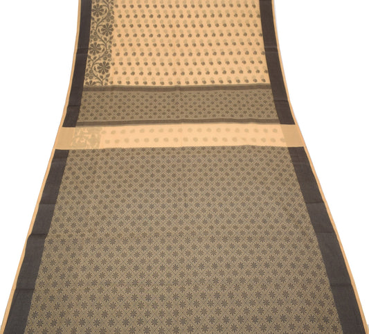 Sushila Vintage Beige Floral Saree Pure Cotton Silk Woven 6YD Sari Blouse Fabric