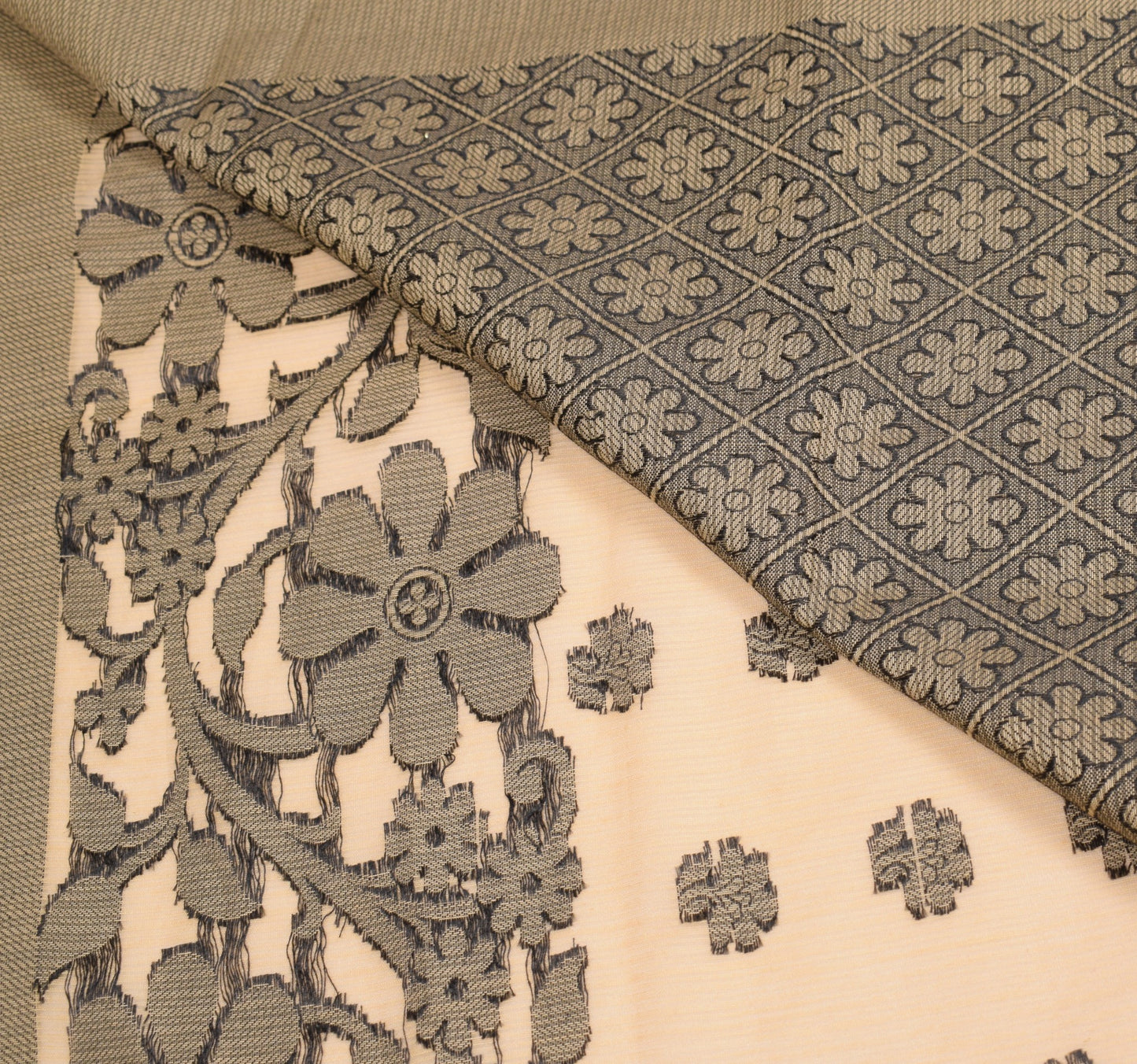 Sushila Vintage Beige Floral Saree Pure Cotton Silk Woven 6YD Sari Blouse Fabric