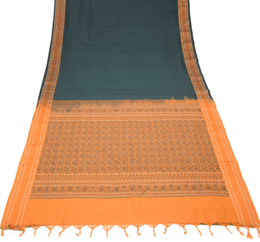 Sushila Vintage Dark Green Saree Hand Woven Pure Cotton Silk Sari Craft Fabric