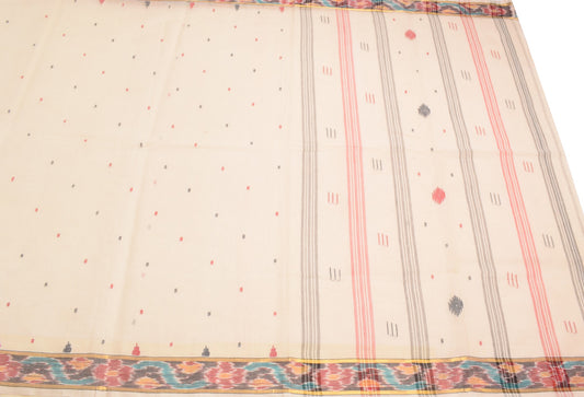 Sushila Vintage Bengal Tant Woven Saree with Ikat Border Pure Cotton Cream Sari