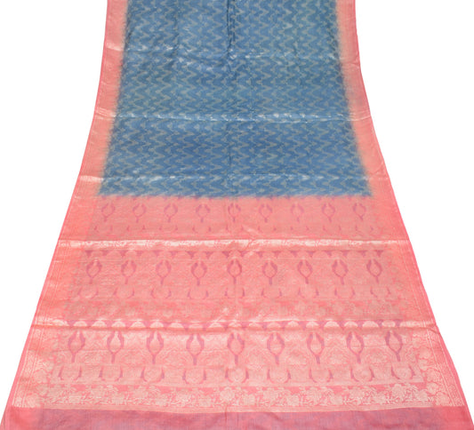 Sushila Vintage Gray Saree Pink Border Pallu Woven Pure Tussar Silk Sari Fabric
