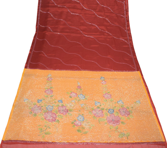 Sushila Vintage Red Art Silk Saree Sequin Embellish Orange Pallu Sari Fabric