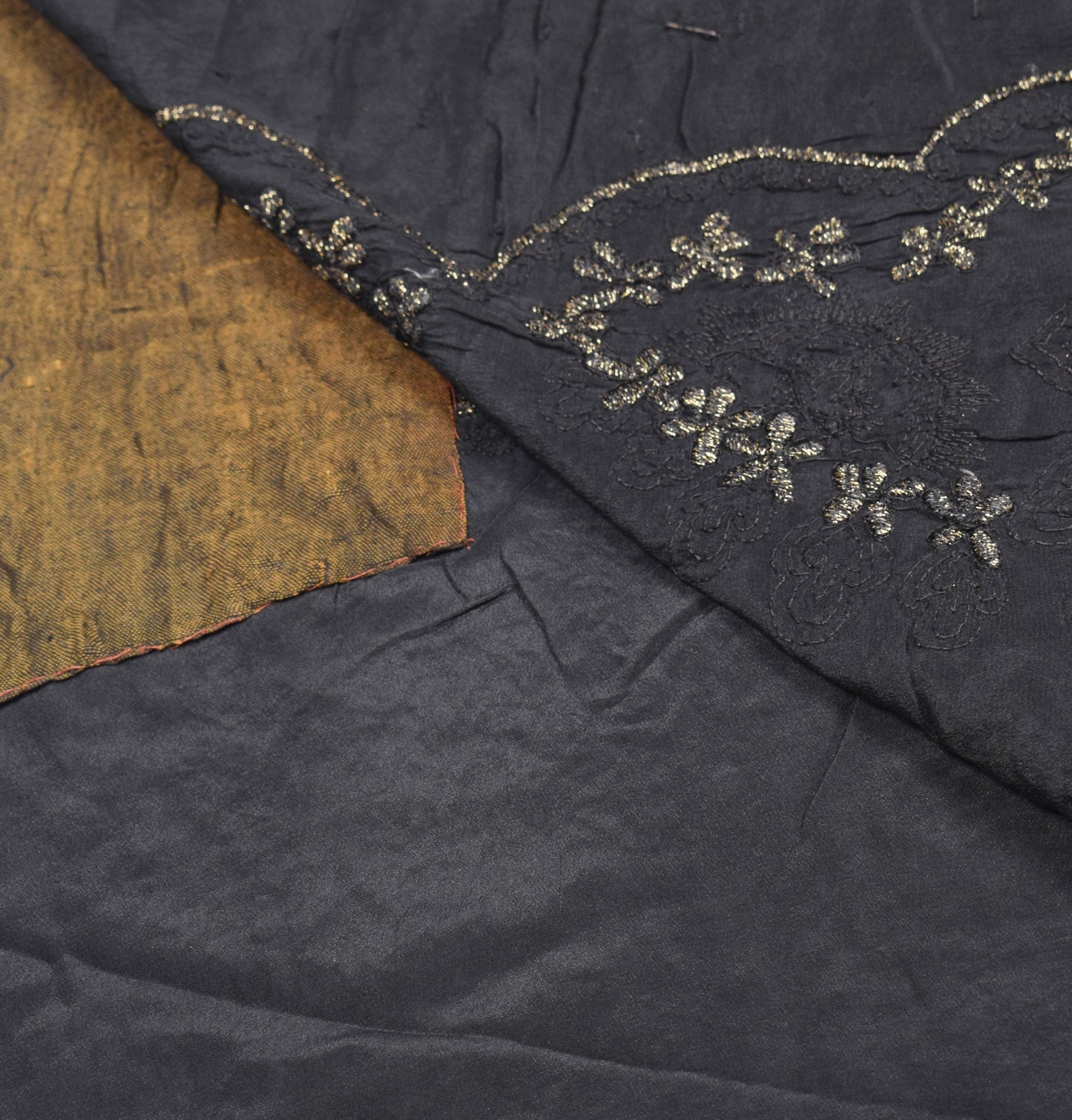 Sushila Vintage HEAVY Black Saree Pure Crepe Silk HandBeaded Zardozi Sari Fabric