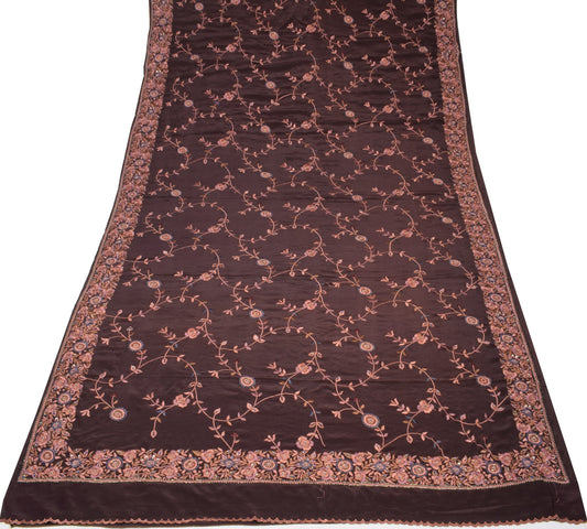 Sushila Vintage Parsi Gara Embroidered Saree Pure Creep HEAVY Brown Sari Fabric