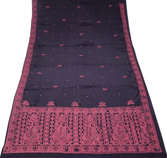 Sushila Vintage HEAVY Black Saree Hand Embroidered Pure Crepe Silk Sari Fabric