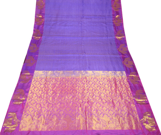 Sushila Vintage Pure Kanjivaram Silk Saree Blue HEAVY Gold Zari 5 YD Sari Fabric
