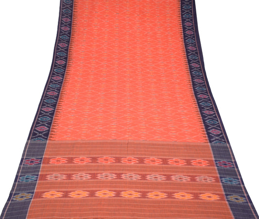 Sushila Vintage Pure Cotton Saree Orange Handwoven Pochampally Ikat Sari Fabric