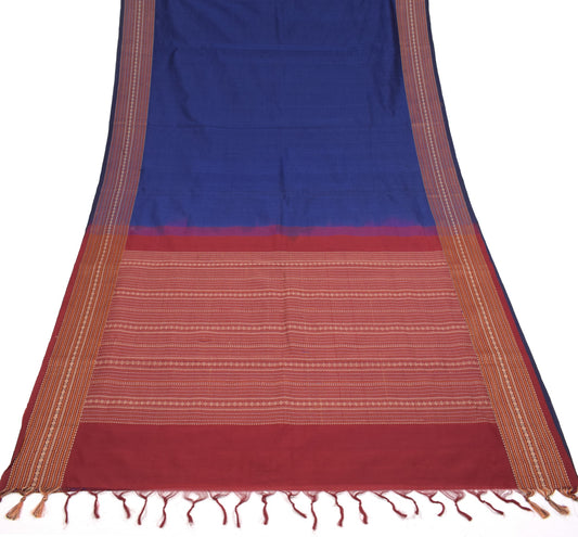 Sushila Vintage Blue Plain Saree Rudraksh Woven Pure Cotton Handloom Sari Fabric
