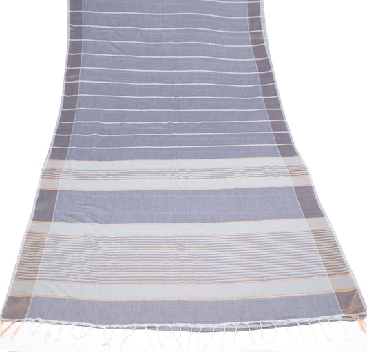 Sushila Vintage Gray Handloom Saree Pure Cotton Stripes Woven 5 YD Sari Fabric