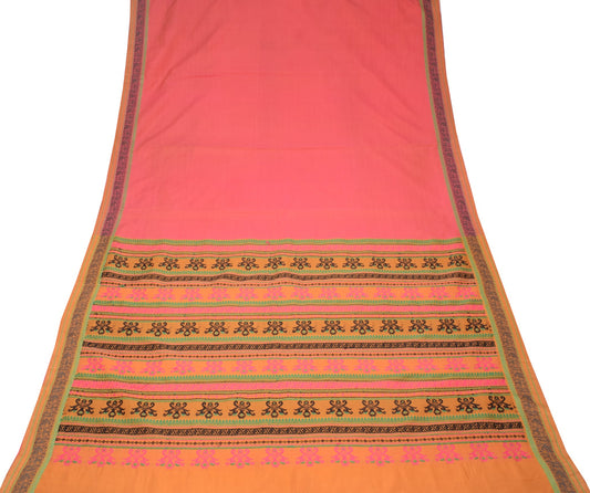 Sushila Vintage Pink Saree Handwoven Peacock Border Pallu PureCotton Sari Fabric
