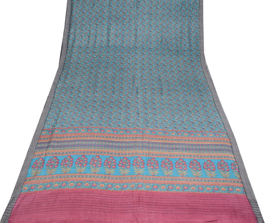 Sushila Vintage Teal Blue Saree Pure Woolen Floral Printed Soft 4YD Sari Fabric