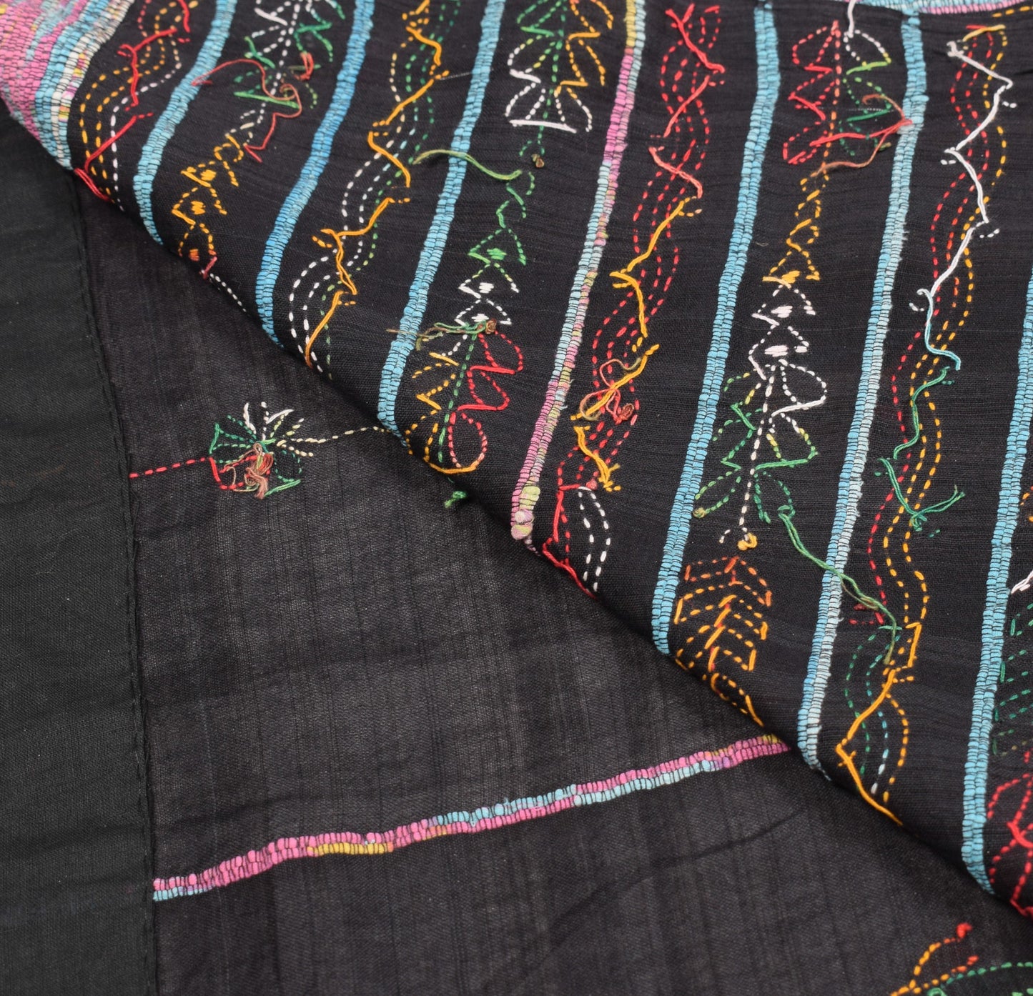 Sushila Vintage Black Saree Kuthir Handloom Pure Cotton Khesh Katha Sari Fabric