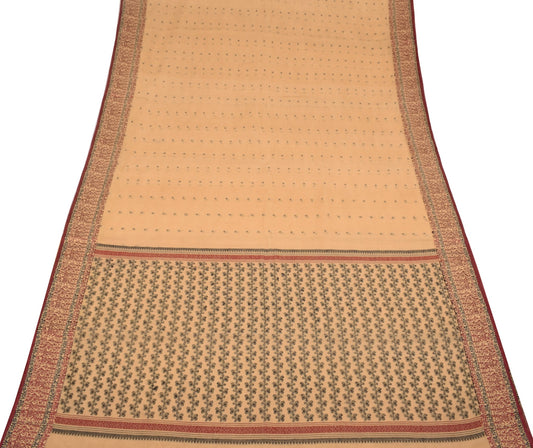 Sushila Vintage Light Brown Saree Handloom Pure Cotton Jamdani Woven Sari Fabric