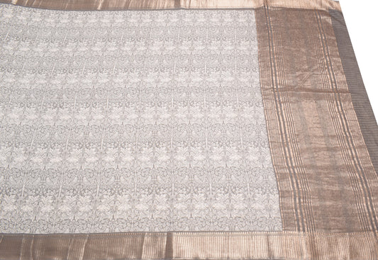 Sushila Vintage Gray Art Cotton Saree Bird Animal Printed Zari Woven Sari Fabric