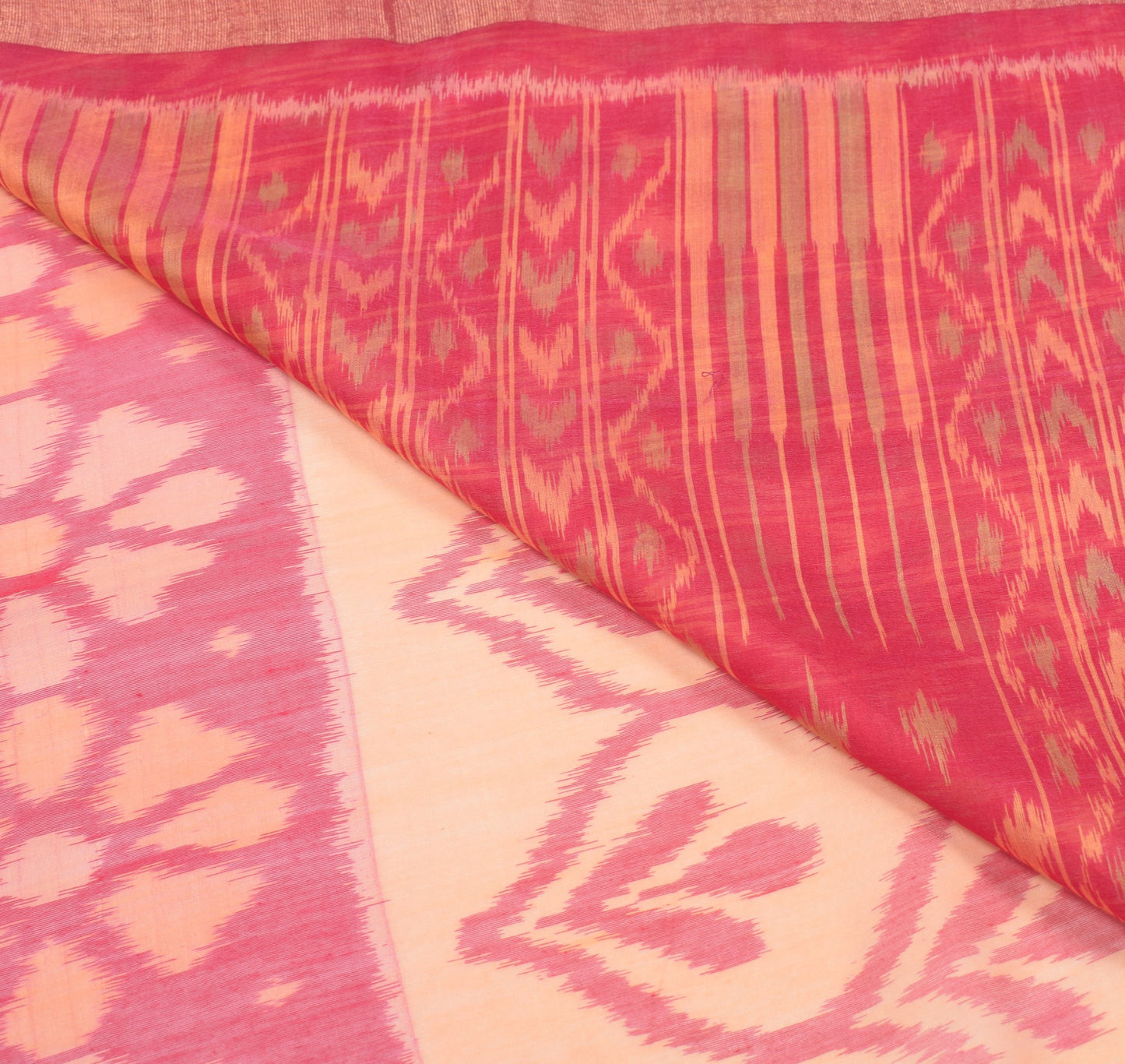 Sushila Vintage Pochampally Ikat Saree Pure Cotton Silk Hand Woven Peach Sari
