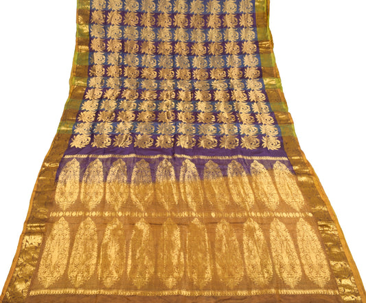 Sushila Vintage Pure Silk Sari Dark Purple Gold Floral Brocade Kanjivaram Saree