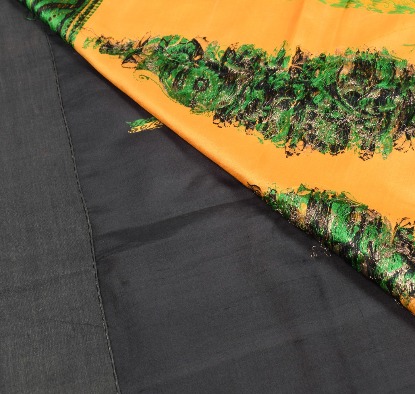 Sushila Vintage Black Orange Pure Silk Saree Hand Woven Floral Soft Sari Fabric