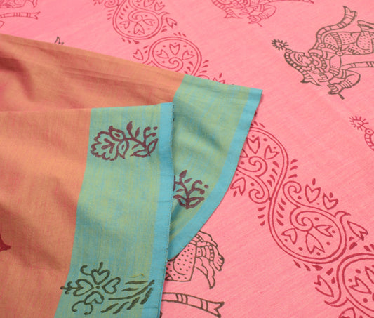 Sushila Vintage Hand Block Printed Saree Art Cotton Multi-Color 6YD Sari Fabric