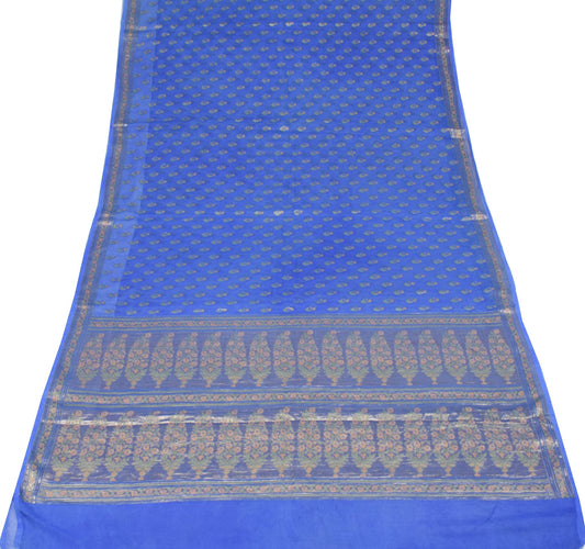 Sushila Vintage Pure Banarasi Georgette Saree Floral Woven Blue Soft Sari Fabric
