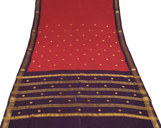 Sushila Vintage Red Pure Cotton Saree Purple Border Pallu Zari Woven Sari Fabric