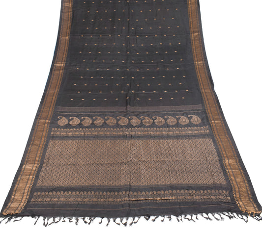 Sushila Vintage Black Handloom Saree Pure Silk Zari Woven Soft Sari Craft Fabric