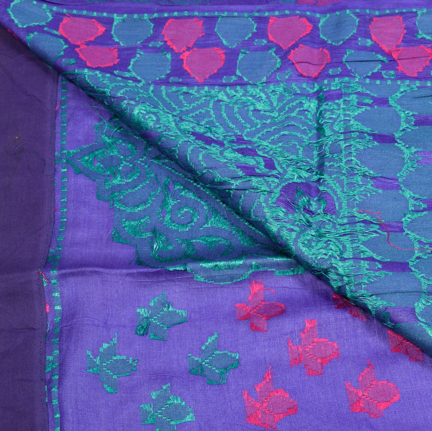 Sushila Vintage Purple Blue Saree Pure Tussar Silk Woven Paisley 5YD Sari Fabric