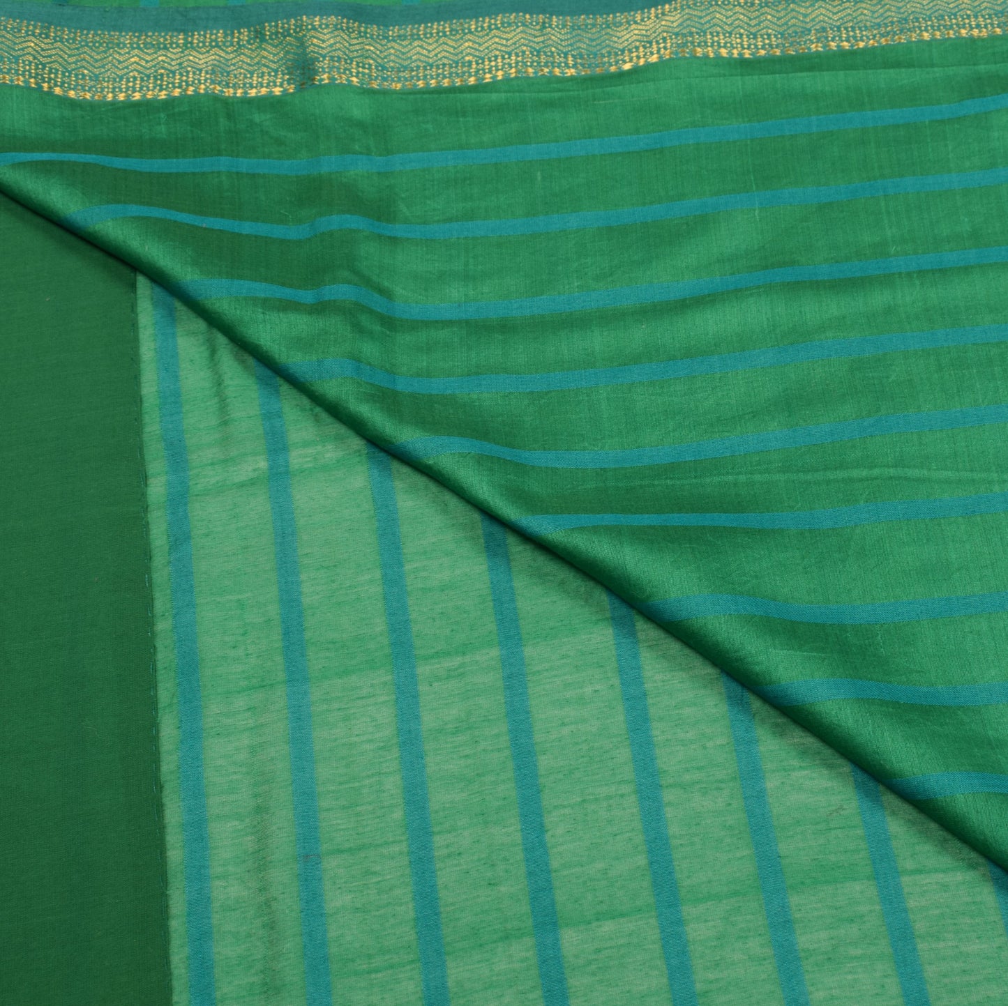 Sushila Vintage Green Saree Pure Cotton Silk Stripes Woven 6 Yard Sari Fabric