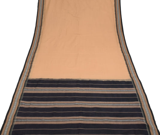 Sushila Vintage Art Cotton Brown Saree Hand Woven Black Border Pallu Sari Fabric