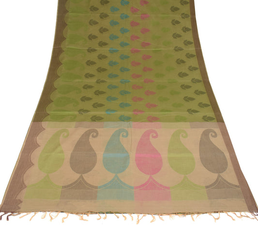 Sushila Vintage Leaves Hand Woven Saree Pure Cotton Green 5YD Sari Craft Fabric