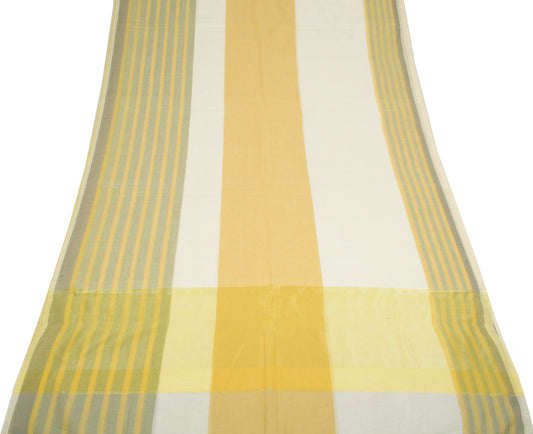 Sushila Vintage White Handloom Saree Pure Cotton Stripes Woven 7Yard Sari Fabric