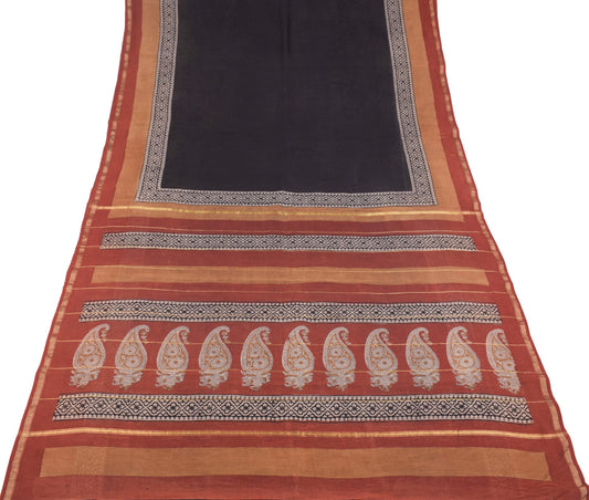 Sushila Vintage Black Saree Pure Cotton Silk Hand Block Printed 5YD Sari Fabric