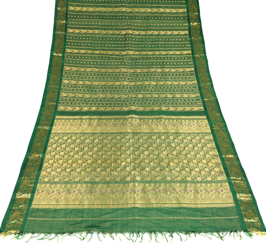 Sushila Vintage Green Pure Tissue Saree Kanjivaram Zari Woven HEAVY Sari Fabric