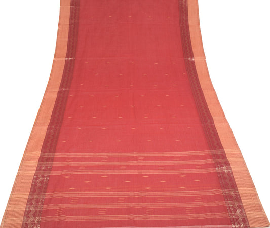 Sushila Vintage Bengal Tant Woven Saree Pure Cotton Red Handloom 5Yd Sari Fabric