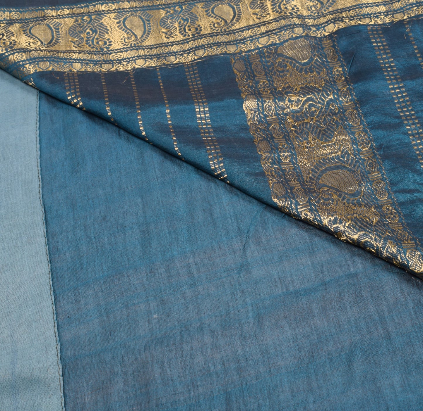Sushila Vintage Teal Blue Kanjivaram Saree Zari Brocade Pure Cotton Silk Sari