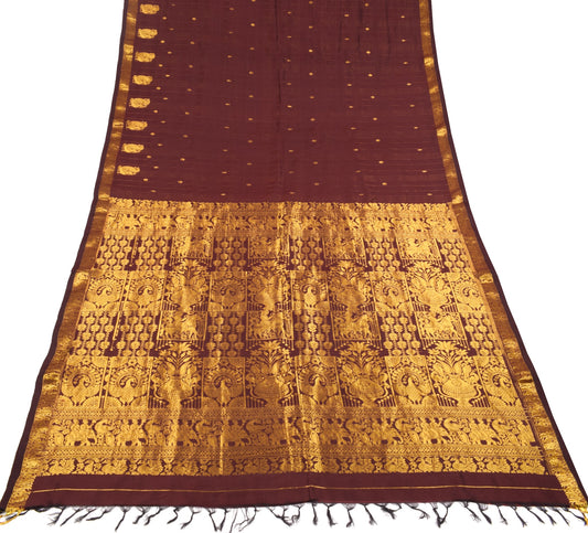 Sushila Vintage Kanjivaram Maroon Saree Gold zari Brocade Pure Silk Sari Fabric