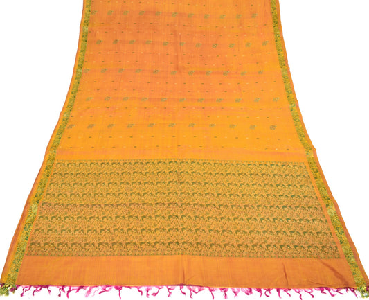 Sushila Vintage Yellow Kanjivaram Saree Pure Silk Woven 5YD DualTone Sari Fabric