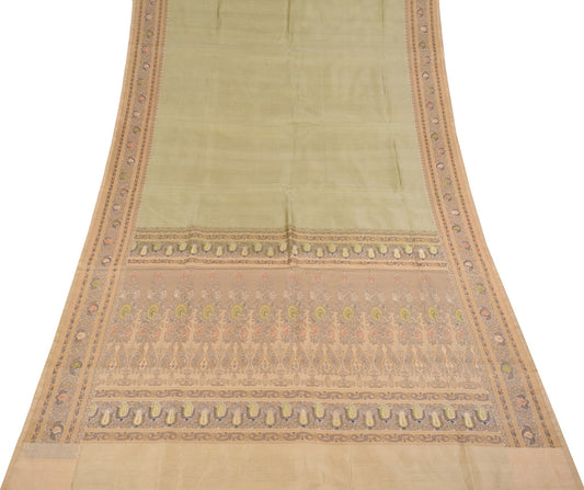 Sushila Vintage Green Pure Silk Saree Woven Beige Border Pallu Sari Craft Fabric