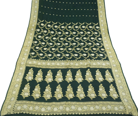 Sushila Vintage Dark Green Saree Pure Georgette Banarasi Brocade 5YD Sari Fabric