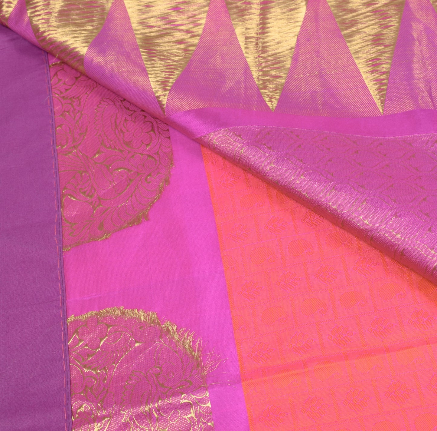 Sushila Vintage Pink Shot Orange Jacquard Pure Zari Kanjivaram Silk Saree Fabric