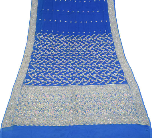 Sushila Vintage Royal Blue Sari Banarasi Khaddi Georgette Hand Embroidery Saree