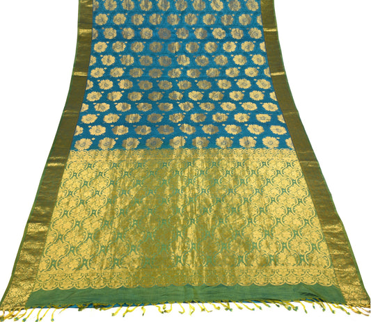 Sushila Vintage Turquoise Blue Kanjivaram Saree Pure Silk zari Woven Sari Fabric